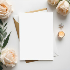 Blank invitation mock up template with floral elements, with roses, on light background, top view