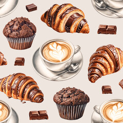 Seamless pattern design with Illustrations of croissants, coffee mug,  muffins and chocolate. Color pencil drawings. Pattern for product packaging, home textile, wrapping paper and stationery