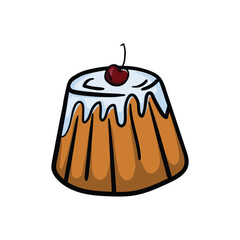 Cupcake with frosting and cherries. Bright vector doodle illustration isolated on white background.