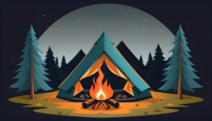 graphic illustration of a camping tent with campfire