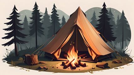 graphic illustration of a camping tent with campfire