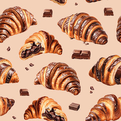 Seamless pattern design with Illustrations of croissants and chocolate. Color pencil drawings. Pattern for product packaging, home textile, wrapping paper and stationery
