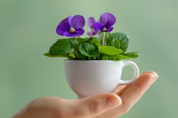 Small composition of purple violets in a white ceramic cup in a hand on light green background. decorative palm size pot.