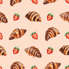 Seamless pattern design with Illustrations of chocolate croissants and strawberries. Color pencil drawings. Pattern for product packaging, home textile, wrapping paper and stationery - 761505843