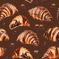 Seamless pattern design with Illustrations of croissants and chocolate. Color pencil drawings. Pattern for product packaging, home textile, wrapping paper and stationery