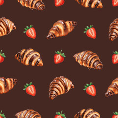 Seamless pattern design with Illustrations of chocolate croissants and strawberries. Color pencil drawings. Perfect for product packaging, home textile, wrapping paper and stationery