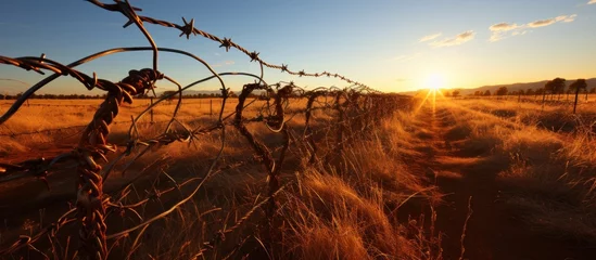 Foto op Canvas The imposing presence of a barbed wire fence, © Dzikir