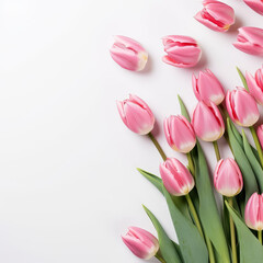 A row of pink tulips with green stems are arranged in a row