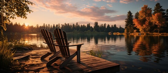 Two wooden chairs on a wooden pier overlooking a lake at sunset in Finland - obrazy, fototapety, plakaty