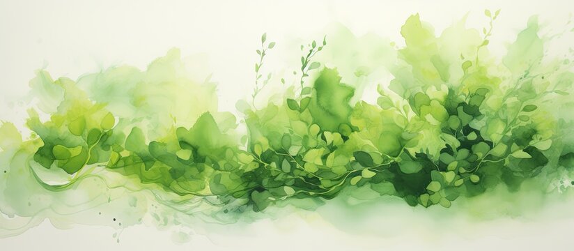 A watercolor painting capturing the beauty of green plants on a white background, depicting a serene natural landscape with lush grassland and trees