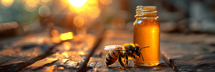 Bee and Bottle of Honey on Wooden Table ,
Macro bee with honey jar dipper on old wooden table - obrazy, fototapety, plakaty