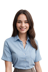 Stylish young woman wearing a blue office shirt, smiling and looking at the camera. isolated, transparent background, no background. PNG.