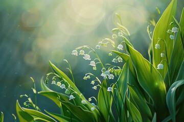 Closeup of lily of the valley flowering in a forest in the morning light. - obrazy, fototapety, plakaty
