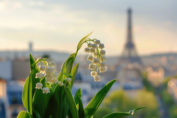 Flowering lily of the valley on a street of Paris, with the Eiffel tower in the background. French tradition to offer lily of the valley on the 1st of May, which is a public holiday in France