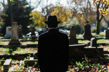 Sad senior man grieving his loss on a cemetery. Lonely widowed husband by the headstone of his spouse.