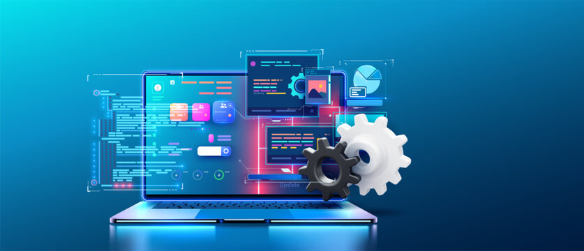 Concept of Information technologies and computer engineering. Creation digital Software mobile, desktop platforms. Software developer programming code. Neon laptop with futuristic code on the screen.