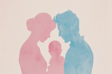 Silhouette of parents with baby in pastel colors