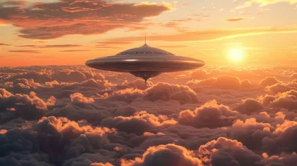 Tuinposter A solitary UFO appears amidst a breathtaking sunset, hovering over endless clouds reflecting orange-pink hues © Fxquadro