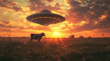 The golden hour engulfs a solitary cow and a silent UFO in a surreal encounter amidst tall grasses
