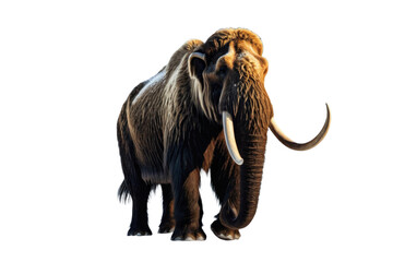 Obraz premium A digital rendering of a lone woolly mammoth, stellar fur texture, standing majestically, traditional Arctic backdrop, minimalist white boundary isolating the creature, high-resolution, 