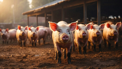 Amidst sprawling expanse of free-range pig farm, swine wander freely, basking in open air, sunlight. Idyllic setting natural, sustainable agriculture practices. Hog farm, swine farm, pig ranch - obrazy, fototapety, plakaty