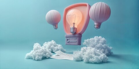 A 3D rendering of a balloon-powered airship, with the balloons resembling light bulbs, representing innovative ideas propelling a business forward - obrazy, fototapety, plakaty