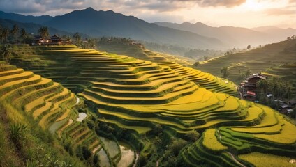 As sun sets, rice fields transform into picturesque marvel, their terraces testament to generations of agricultural wisdom. Evening sky sets ablaze, casting surreal glow over tranquil scenery - obrazy, fototapety, plakaty