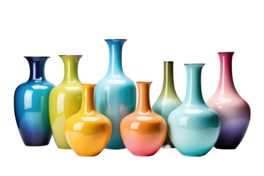 Multi-color vases, full body, isolated on white background, material textures clearly visible, showcasing diversity of shapes and designs, high-quality stock photo, rich color saturation, sharp focus