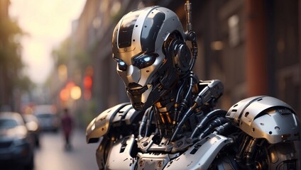Iron cyborg, controlled remotely, stands on city street, near parked cars. Its metallic frame gleams under urban lights. Futuristic sentinel amidst mundane, embodying technological advancement