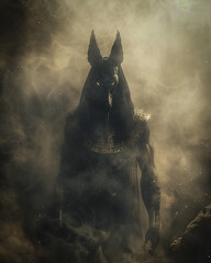 Anubis, god of the afterlife, with jackal head and black robes - obrazy, fototapety, plakaty