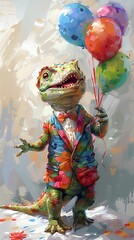 Fototapeta premium Baby dinosaur delighting in its birthday, balloons in claw, dressed in a heartwarming, colorful suit