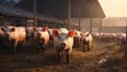 On free-range pig farm, herd of swine roams outdoors, embodying essence of ethical farming practices. Rustic ambiance harmonizes with natural behavior of the pigs, ensuring their welfare, quality life - obrazy, fototapety, plakaty