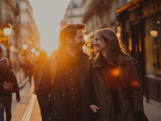 moment de parfait bonheur : un jeune couple trentenaire se promène dans paris au coucher de soleil - obrazy, fototapety, plakaty