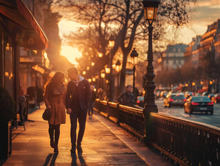 moment de parfait bonheur : un jeune couple trentenaire se promène dans paris au coucher de soleil - obrazy, fototapety, plakaty