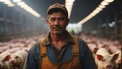 Portrait of a worker on a pig farm. A Colombian farm worker takes care of the health of pigs in an indoor farm. His responsibilities include feeding and monitoring health. Swine farm, hog farm - obrazy, fototapety, plakaty