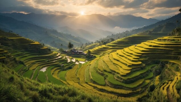 Rice Paddy. Growing rice involves planting seedlings in flooded fields with adequate irrigation. Terraced fields often used in rice cultivation to control water levels. Rice crop, rice plantations