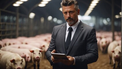 Suited director stands amidst pig farm, confidently wielding tablet. With keen eye for detail, he orchestrates farm operations seamlessly. Professionalism, commitment to excellence in pig farming