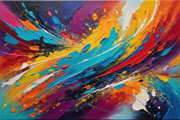 Abstract painting, dynamic composition, myriad of colors, assorted shapes, meticulously arranged, harmonious blend of bold hues, intricate patterns, captivating visual impact, expressionism, acrylic