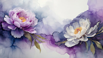 Piwonie akwarela. Abstrakcyjne fioletowe tło kwiatowe. Wiosenne kwiaty, pastelowe kolory - obrazy, fototapety, plakaty