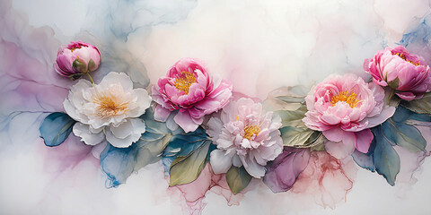 Piwonie akwarela. Abstrakcyjne różowe tło kwiatowe. Wiosenne kwiaty, pastelowe kolory - obrazy, fototapety, plakaty