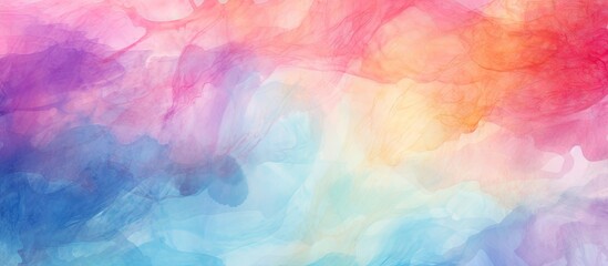 An artistic closeup of a skythemed watercolor painting featuring a colorful array of tints and shades, including magenta, electric blue, and a cumulus cloud pattern - obrazy, fototapety, plakaty