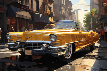  A classic yellow car gleams under golden city sunlight