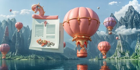 A 3D rendering of a fantastical hot air balloon race, with each balloon shaped like a different, charming creature or object 