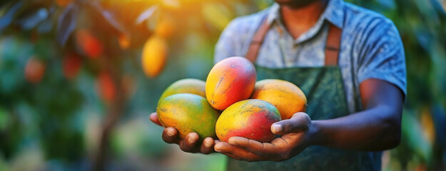 Mango Harvest in Hands of a Farmer. Man holds a handful of ripe mangoes, representing organic farming and fresh produce in a tropical setting.