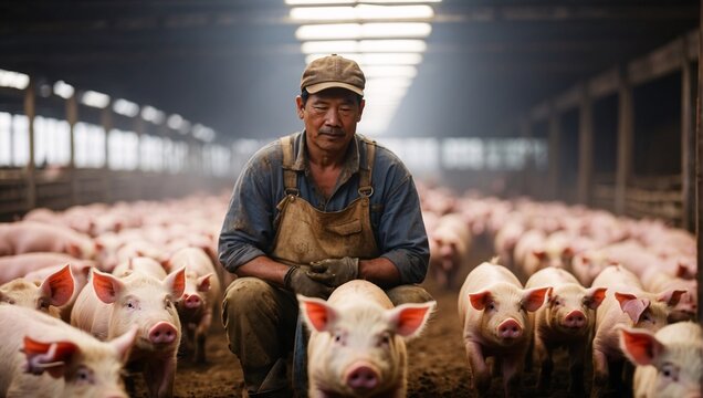 Worker looks after pigs in enclosed area, ensuring their well-being through feeding and health checks. Ethical farming and farming. A worker watches the pigs. A portrait of diligence in pig farming - Powered by Adobe
