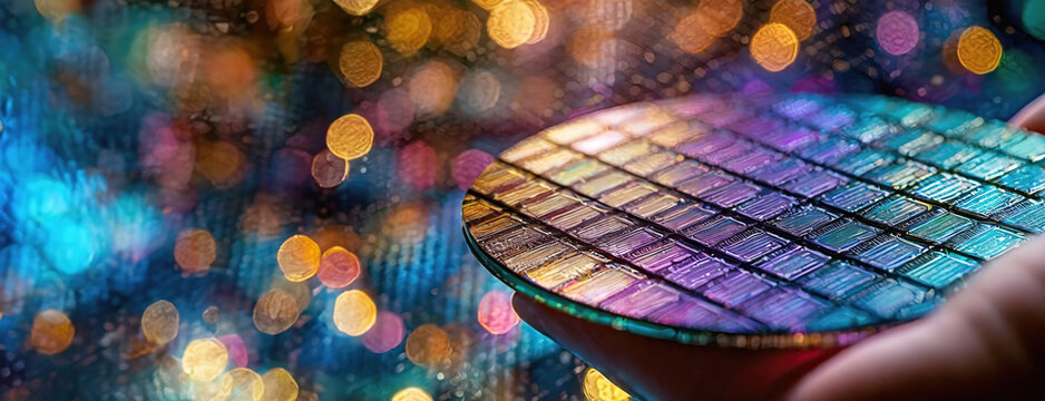 A vibrant semiconductor wafer glows with iridescent colors. Technological marvel shines, showcasing intricate circuit patterns. Panorama with copy space.