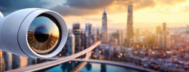 Close-up of a surveillance camera lens with city reflection. Dramatic sky backdrop. Security equipment with a reflective surface, overlooking metropolitan area. Panorama with copy space. - obrazy, fototapety, plakaty
