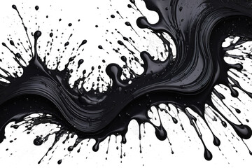 Black ink, Japanese-style acrylic paint splattering, embodying an obscure, abstract movement, with liquid droplets emerging, painting brush strokes illustrating errant splashes