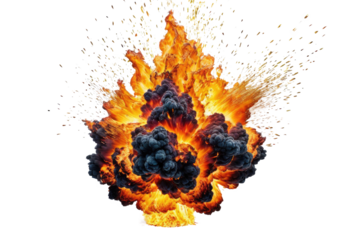 A single fire explosion erupts with intense energy, embodying the core of heat and power in an isolated high-quality stock photograph, set against a stark white backdrop, explosive emergence, heated