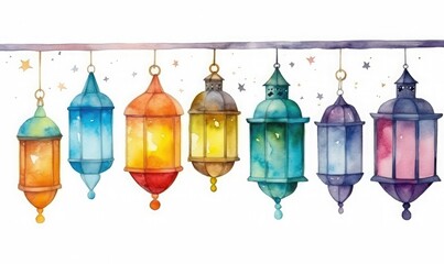 Lanterns in watercolor, creating a festive ramadan atmosphere

